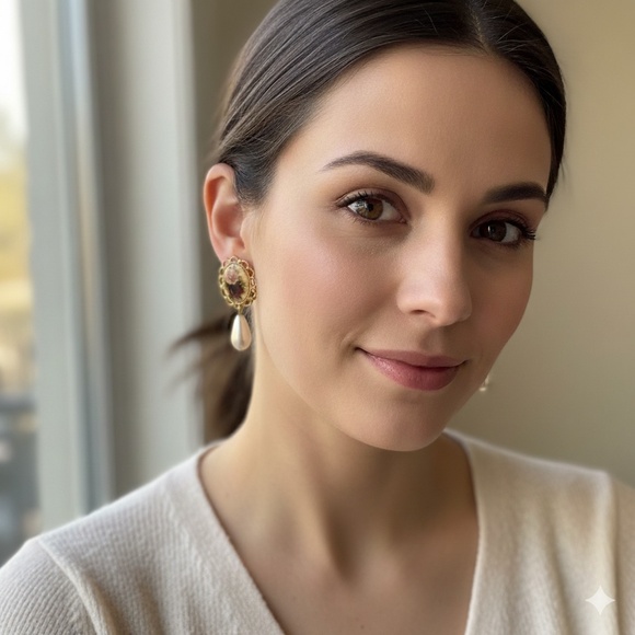 Vintage Couquette Earrings Floral Design and Drop Pearl Clip On - Picture 3 of 4